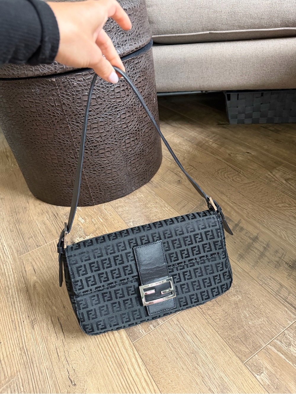 Fendi Gray and Black FF Logo Shoulder Bag